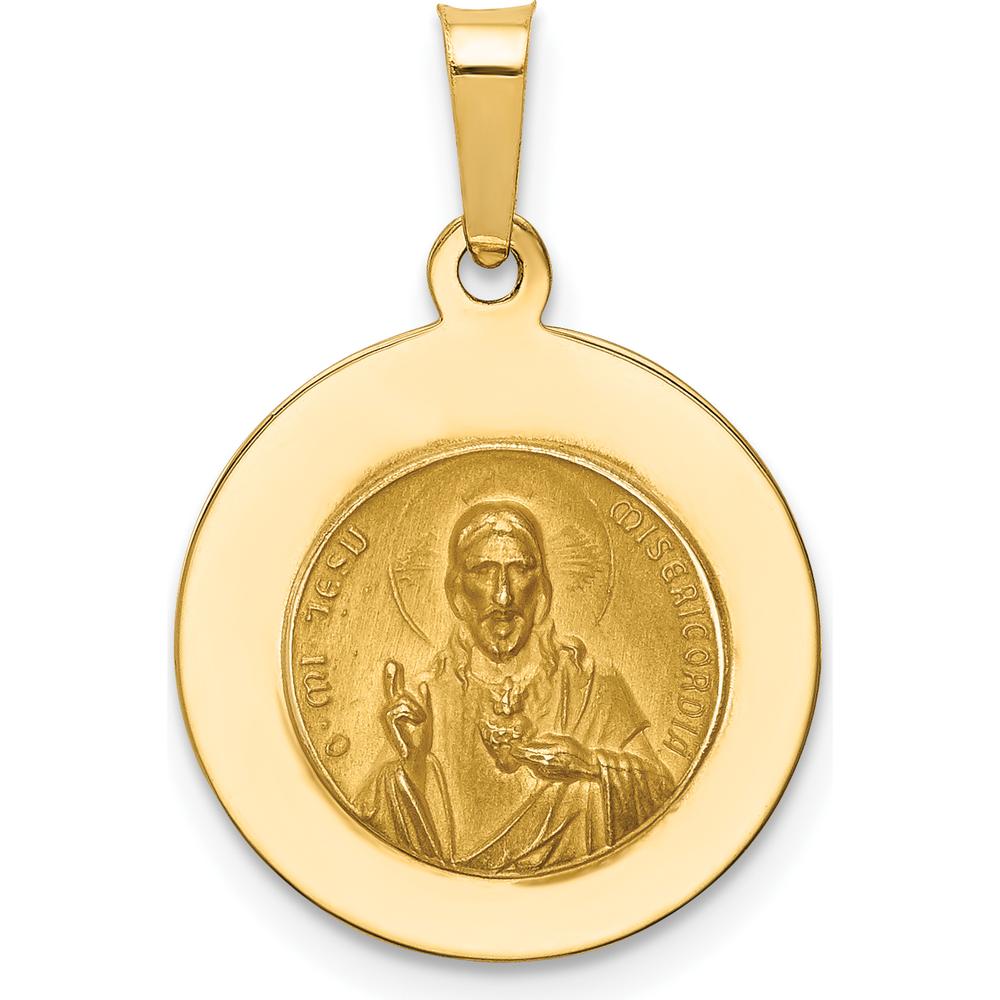 14K Yellow Gold Hollow Queen Of The Holy Scapular Reversible Round Pendant with Polished and Satin Finish by Oro Pregiato