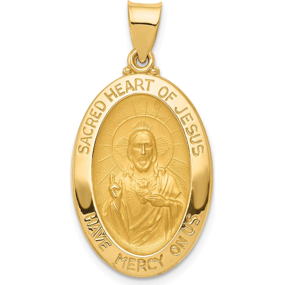 14K Yellow Gold Hollow Sacred Heart of Jesus Medal Pendant - 27mm by Oro Pregiato