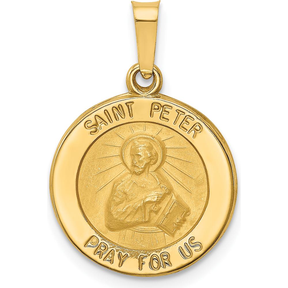 14K Yellow Gold Hollow Saint Peter Round Pendant with Satin and Polished Finish by Oro Pregiato