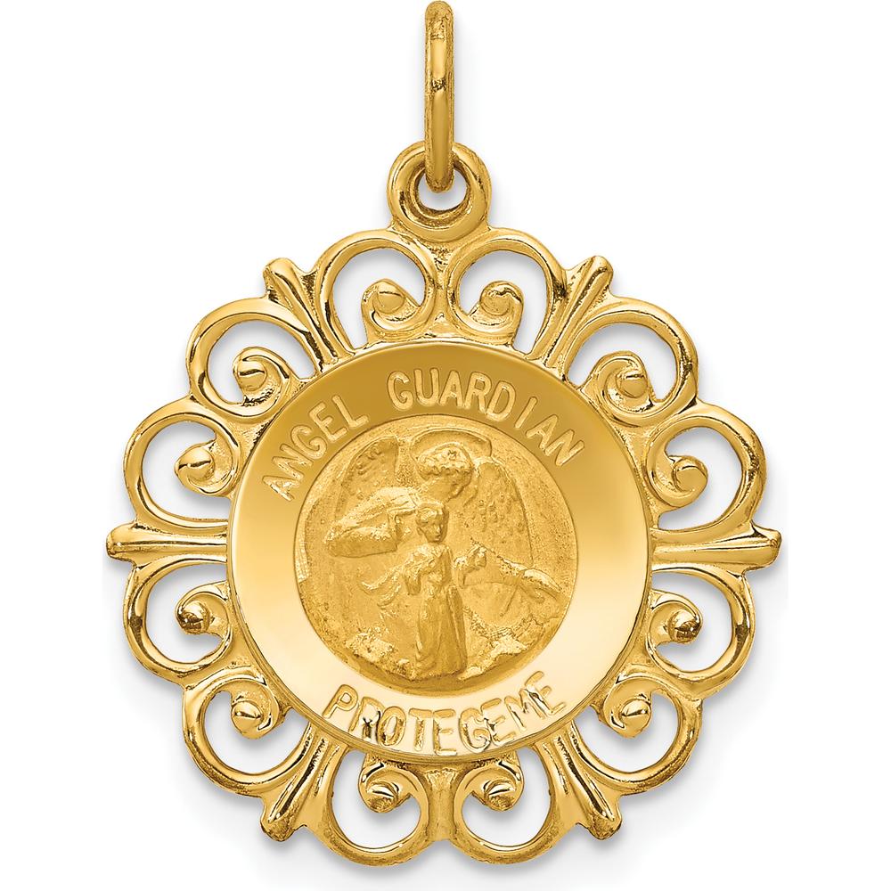 14K Yellow Gold Hollow Spanish Guardian Angel Medal Pendant - 24mm Length by Oro Pregiato