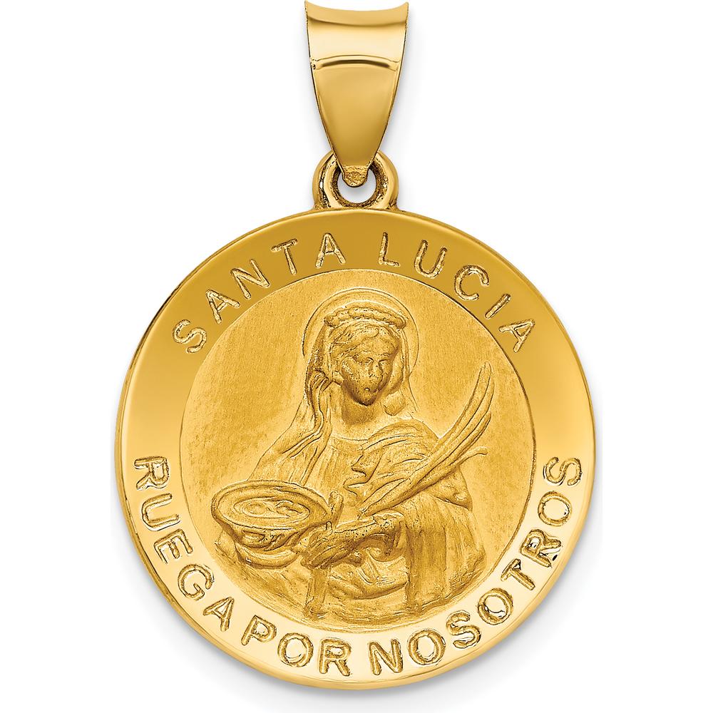 14K Yellow Gold Hollow Spanish Santa Lucia Medal Pendant with Satin and Polished Finish by Oro Pregiato