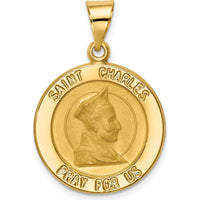 14K Yellow Gold Hollow St. Charles Medal Pendant with Satin and Polished Finish by Oro Pregiato