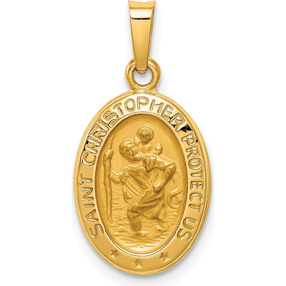 14K Yellow Gold Hollow St. Christopher Medal Oval Pendant with Polished and Satin Finish by Oro Pregiato