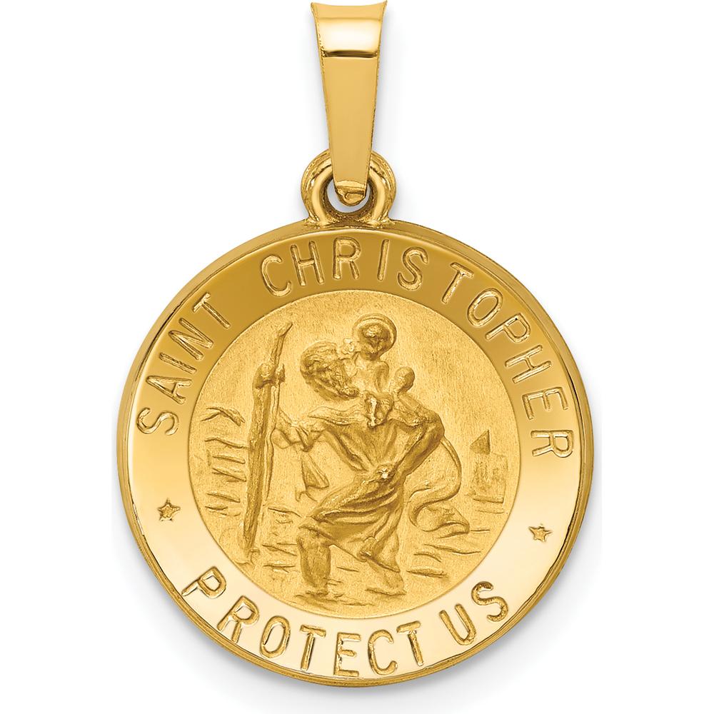 14K Yellow Gold Hollow St. Christopher Medal Pendant with Satin Finish - 21.2mm Length by Oro Pregiato