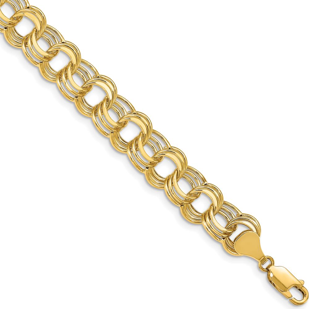 14K Yellow Gold Hollow Triple Link Charm Bracelet with Diamond-Cut Texture - 7.25" Length by 0