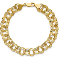 14K Yellow Gold Hollow Triple Link Charm Bracelet with Diamond-Cut Texture - 7.25" Length by 0