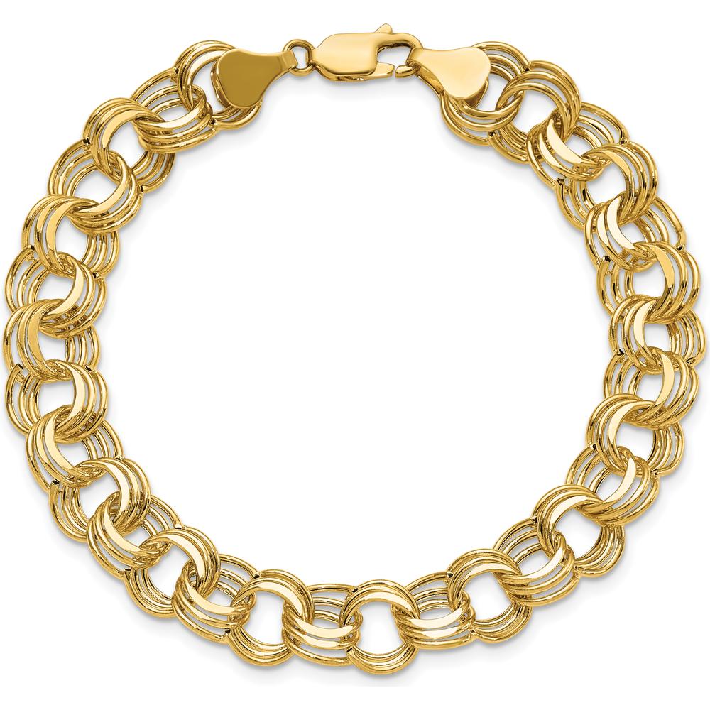14K Yellow Gold Hollow Triple Link Charm Bracelet with Diamond-Cut Texture - 7.25" Length by 0