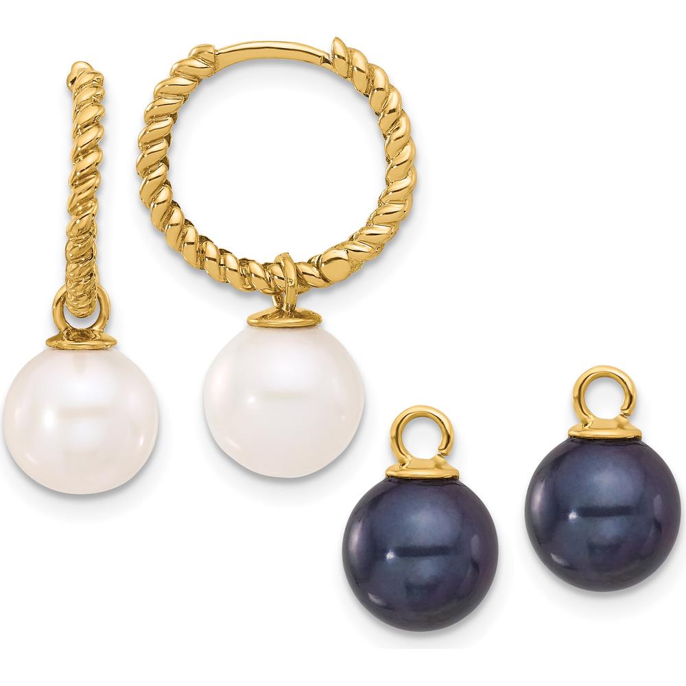 14K Yellow Gold Hoop Earrings with 7-8mm White and Black Freshwater Cultured Pearls - Removable Dangle Design by Monteluci Fine Jewelry