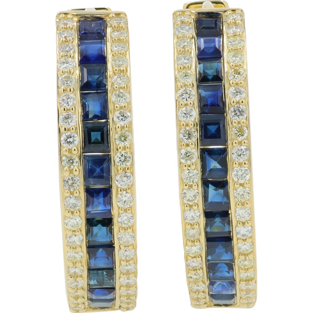 14K Yellow Gold Hoop Earrings with Square-Cut Sapphire and Diamond Accents - 9.00 Carat Total Sapphire Weight, 0.75 Carat Total Diamond Weight