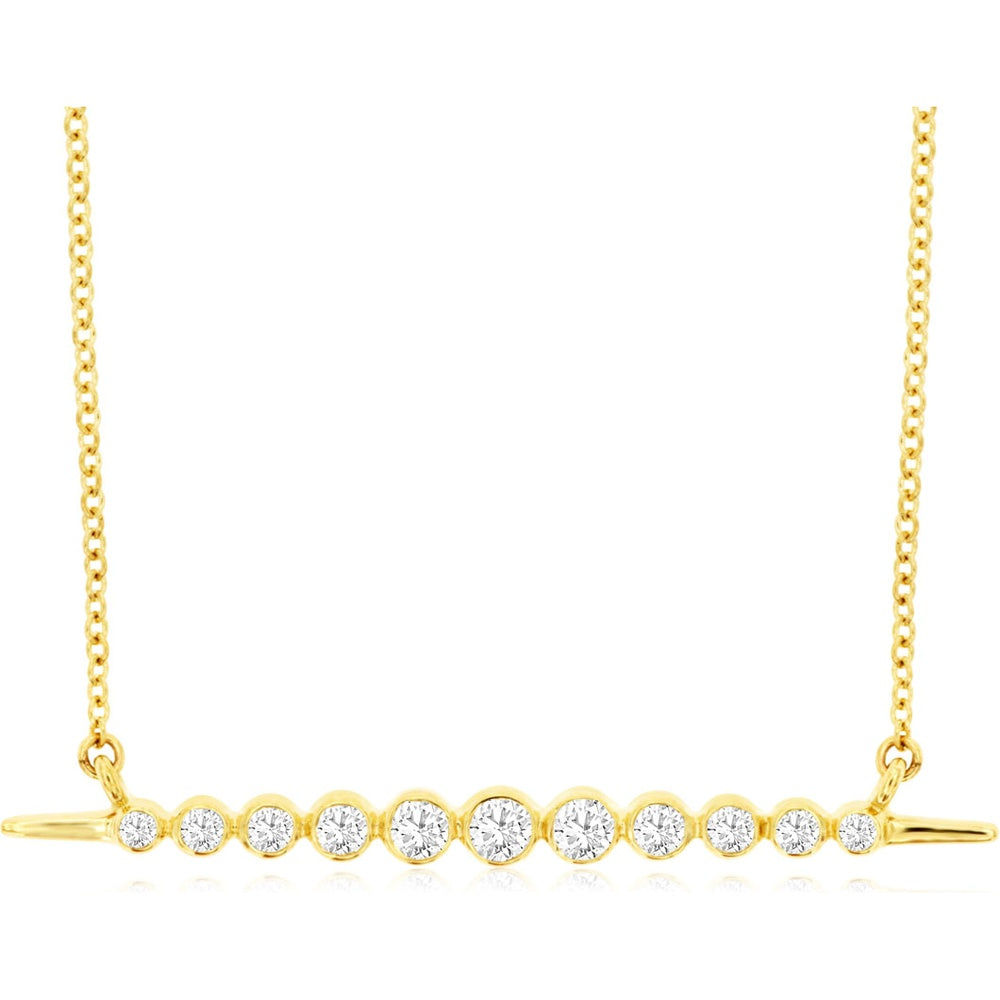 14K Yellow Gold Horizontal Bar Necklace with Bezel Set Round Diamonds - 0.26 Carat Total Diamond Weight - Royal Jewelry