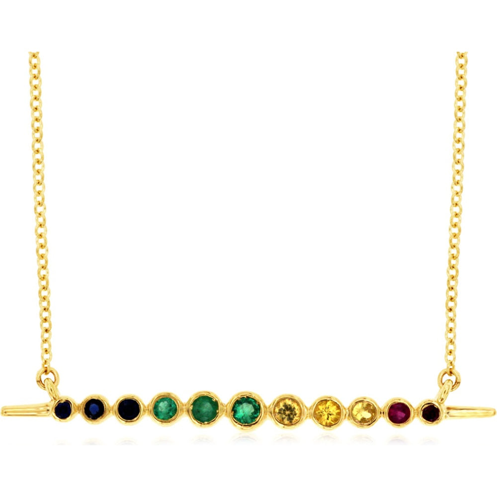 14K Yellow Gold Horizontal Bar Necklace with Bezel-Set Round Mixed Color Sapphires - 0.19 Carat Total Sapphire Weight - Royal Jewelry