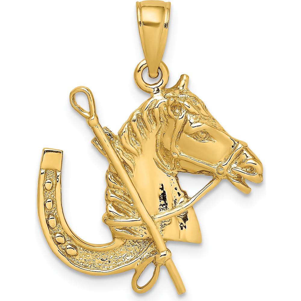 14K Yellow Gold Horse Head with Horseshoe and Crop Charm - Polished Finish by Oro Pregiato