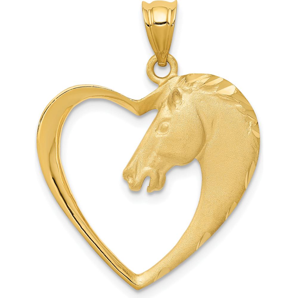 14K Yellow Gold Horse in Heart Pendant - Brushed Finish, 29mm Length by Oro Pregiato