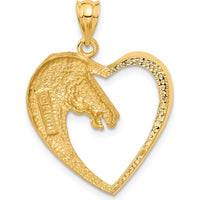 14K Yellow Gold Horse in Heart Pendant - Brushed Finish, 29mm Length by Oro Pregiato