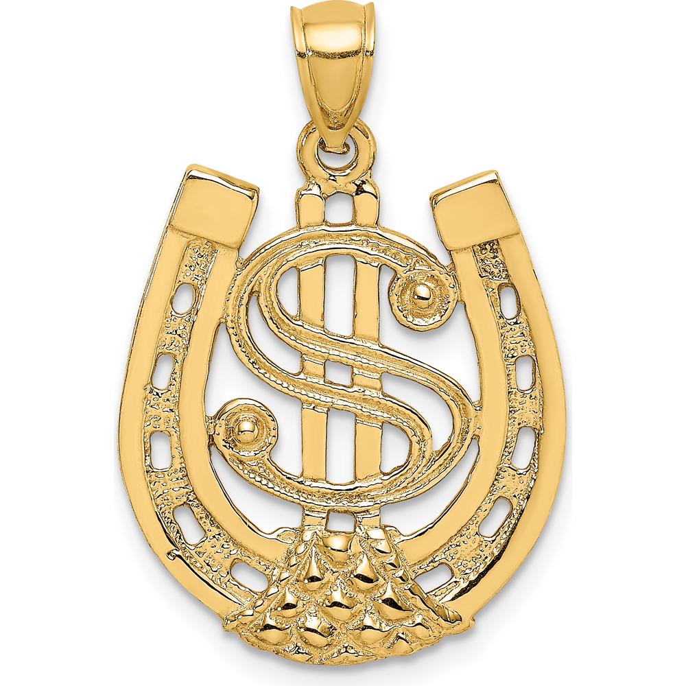 14K Yellow Gold Horseshoe and Dollar Sign Charm Pendant - 27.35mm Length by Oro Pregiato