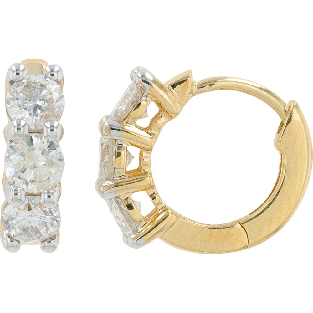 14K Yellow Gold Huggie Earrings with 3-Stone Round Diamonds - 1.10 Carat Total Diamond Weight