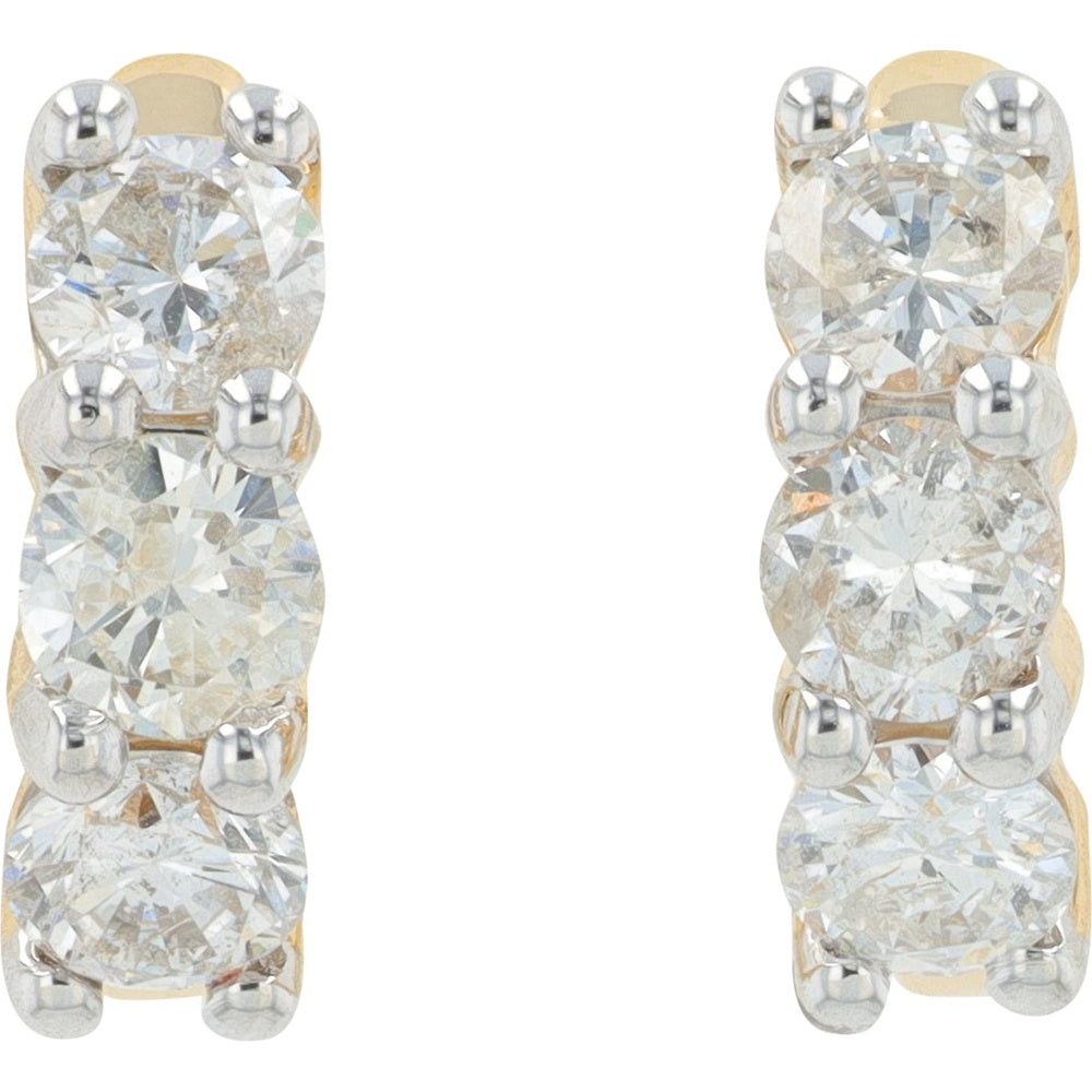 14K Yellow Gold Huggie Earrings with 3-Stone Round Diamonds - 1.10 Carat Total Diamond Weight