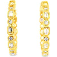 14K Yellow Gold Huggie Earrings with Alternating Bezel Set Round and Emerald Cut Diamonds - 2.24 Carat Total Diamond Weight by Auriventus
