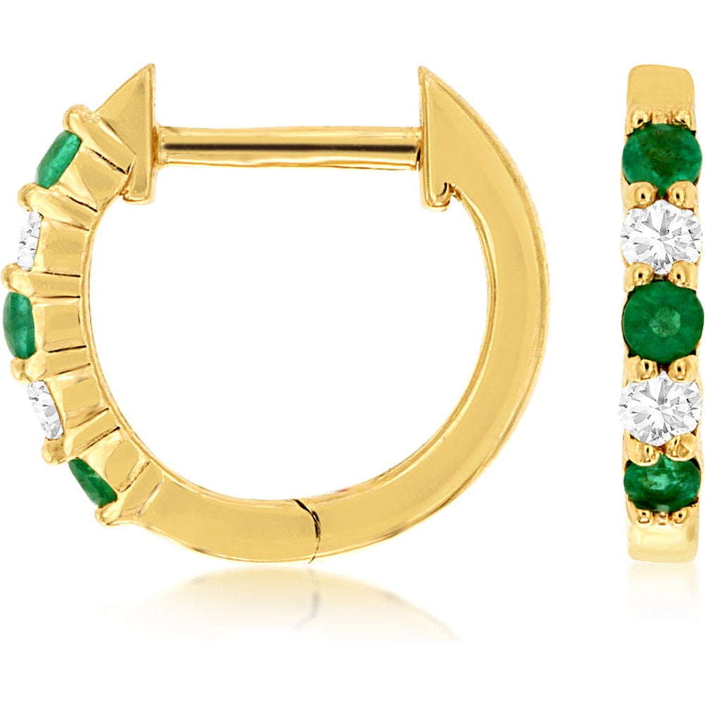 14K Yellow Gold Huggie Earrings with Alternating Round Emerald and Diamond Prong Setting - 0.15 Carat Total Emerald Weight and 0.10 Carat Total Diamond Weight - Royal Jewelry
