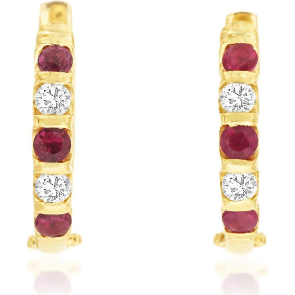 14K Yellow Gold Huggie Earrings with Alternating Round Rubies and Diamonds - 0.40 Carat Total Ruby Weight and 0.20 Carat Total Diamond Weight - Royal Jewelry