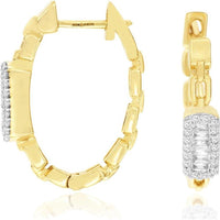 14K Yellow Gold Huggie Earrings with Baguette and Round Diamonds - 0.40 Carat Total Diamond Weight - Royal Jewelry