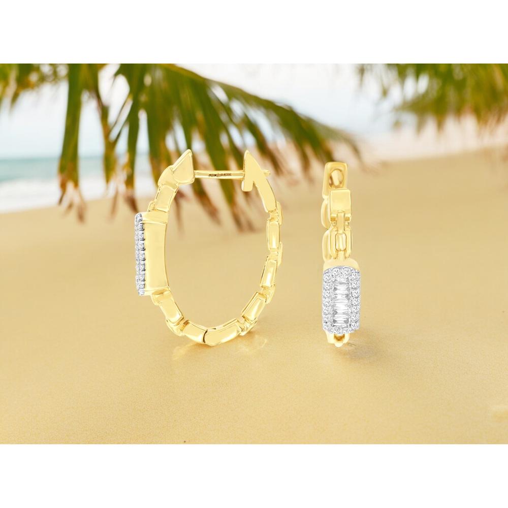 14K Yellow Gold Huggie Earrings with Baguette and Round Diamonds - 0.40 Carat Total Diamond Weight - Royal Jewelry