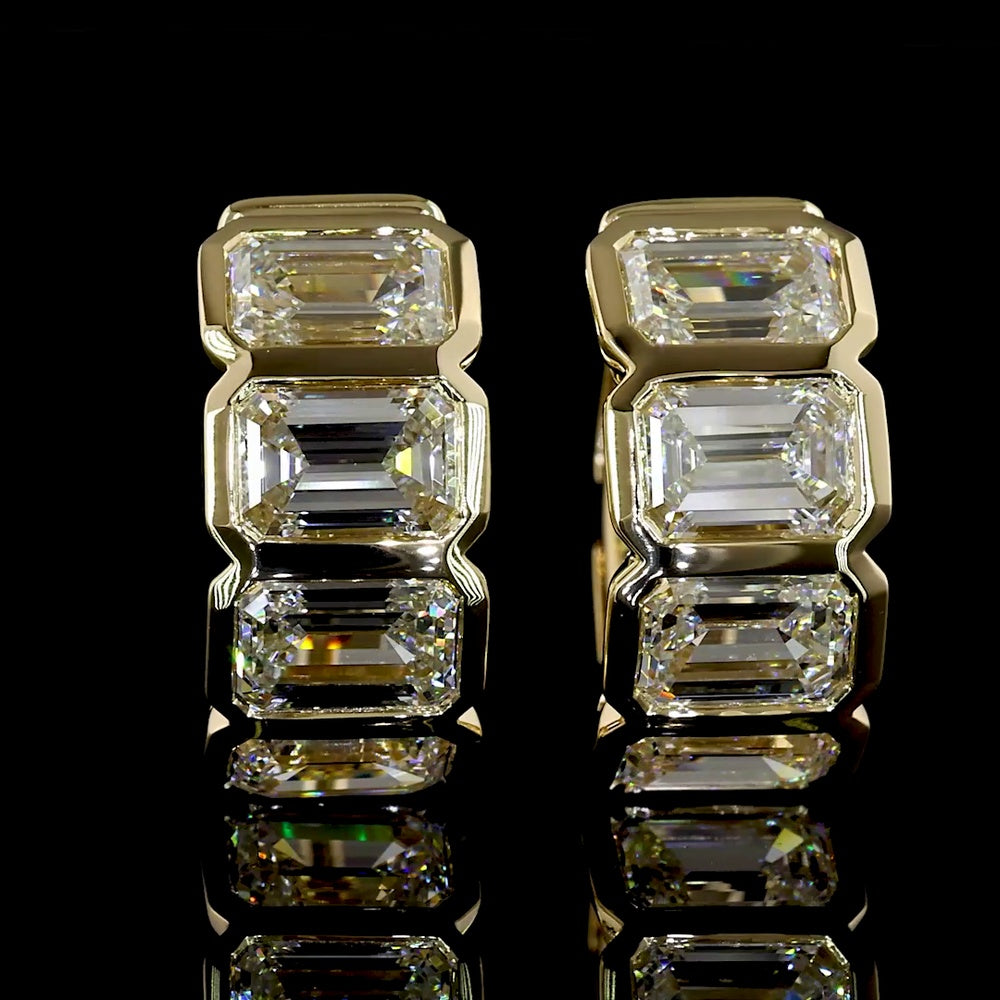 14K Yellow Gold Huggie Earrings with Bezel-Set Emerald Cut Lab Diamonds - 3.45 Carats Total Diamond Weight - Covaloro Fine Jewelry