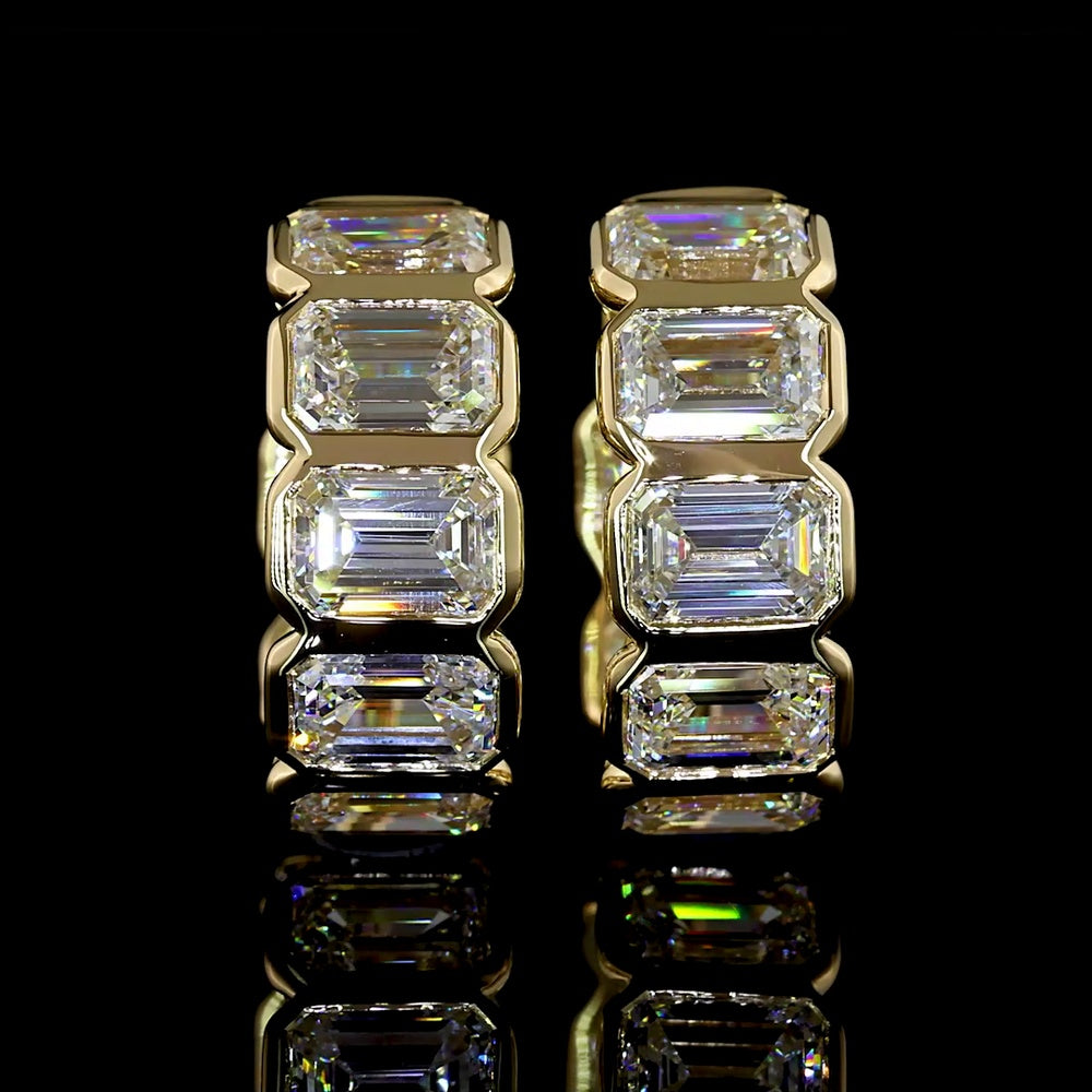 14K Yellow Gold Huggie Earrings with Bezel Set Emerald Cut Lab Diamonds - 4.18 Carat Total Diamond Weight - Covaloro Fine Jewelry