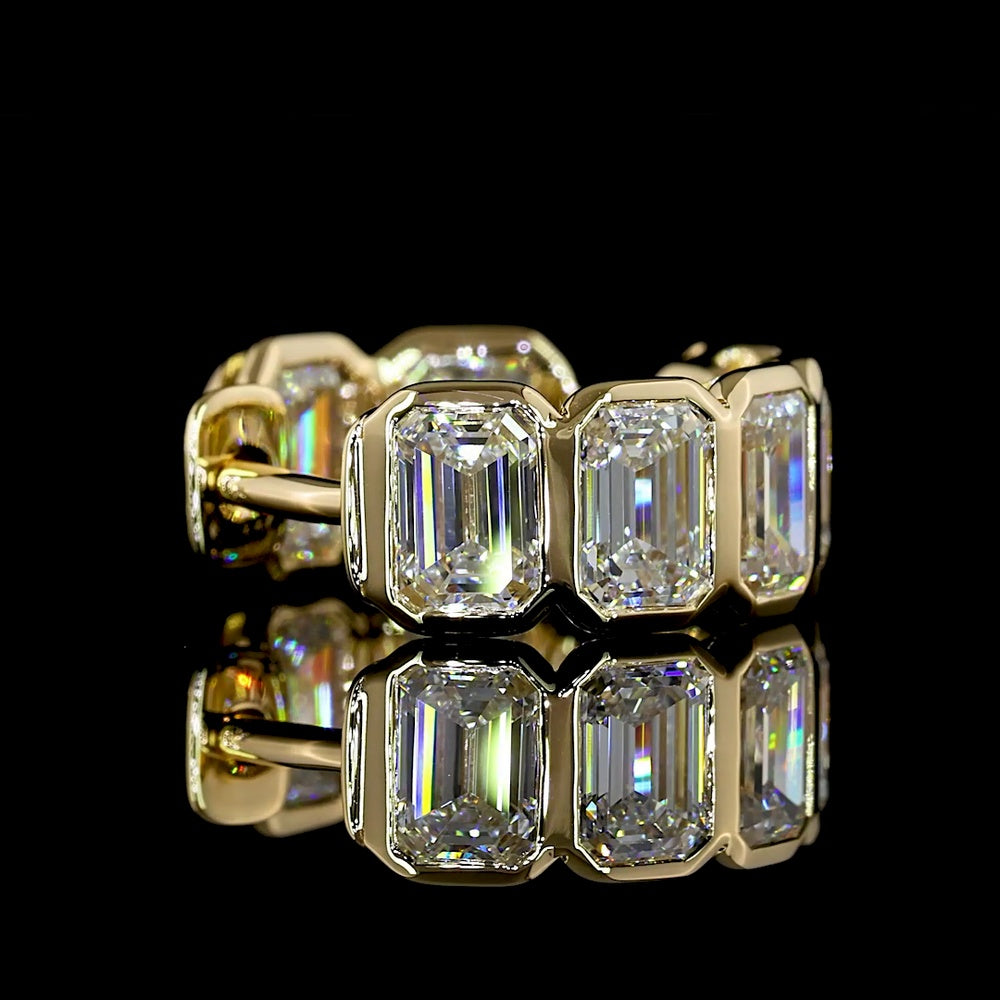 14K Yellow Gold Huggie Earrings with Bezel Set Emerald Cut Lab Diamonds - 4.18 Carat Total Diamond Weight - Covaloro Fine Jewelry