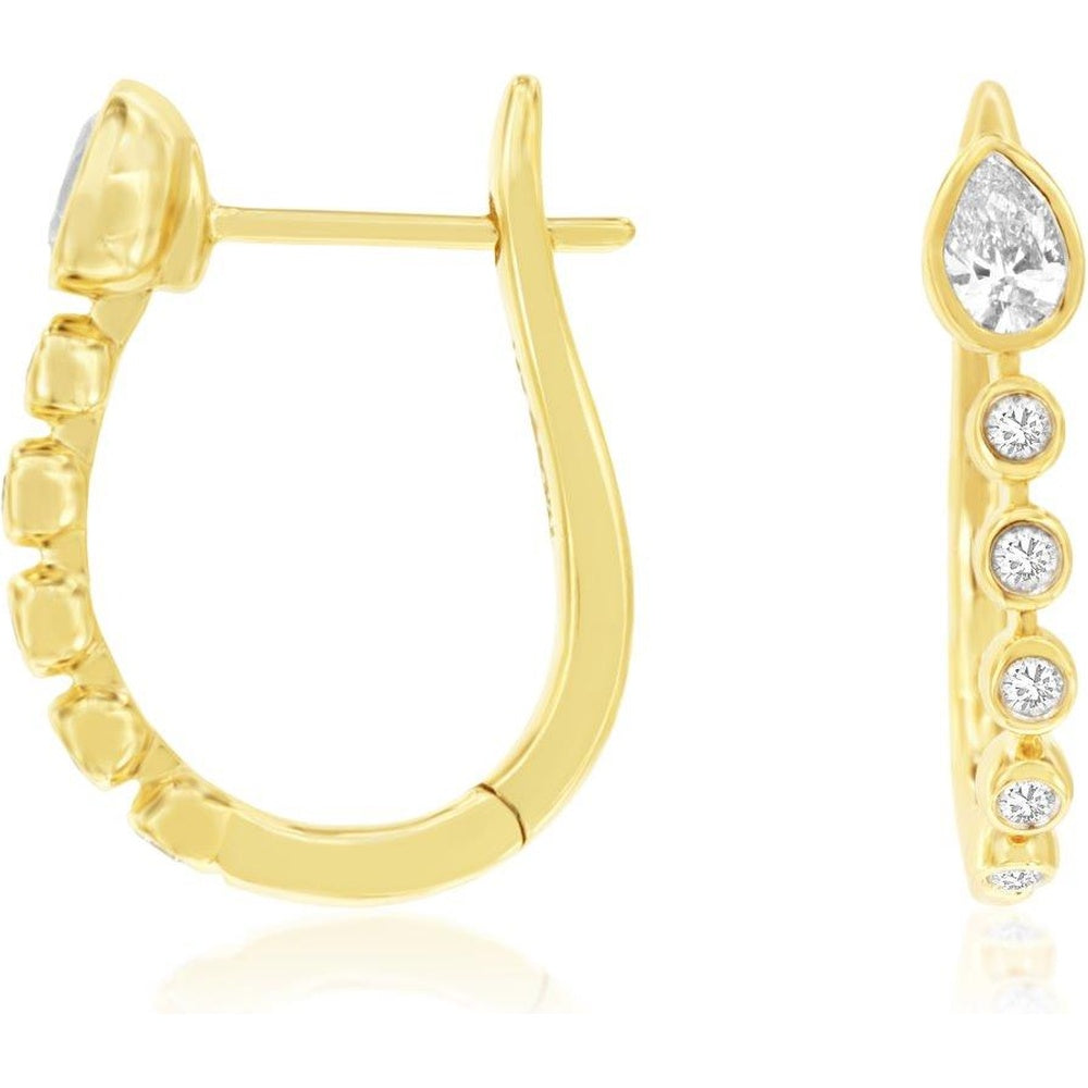 14K Yellow Gold Huggie Earrings with Bezel Set Pear Cut and Round Diamonds - 0.43 Carat Total Diamond Weight - Royal Jewelry