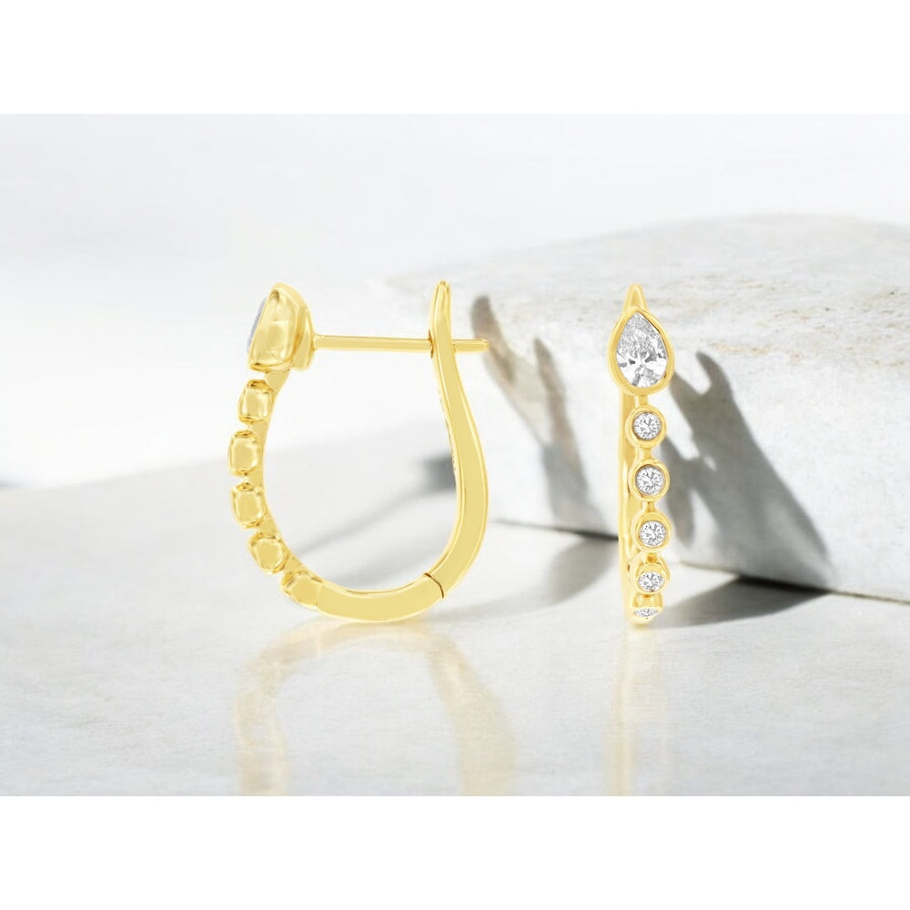 14K Yellow Gold Huggie Earrings with Bezel Set Pear Cut and Round Diamonds - 0.43 Carat Total Diamond Weight - Royal Jewelry