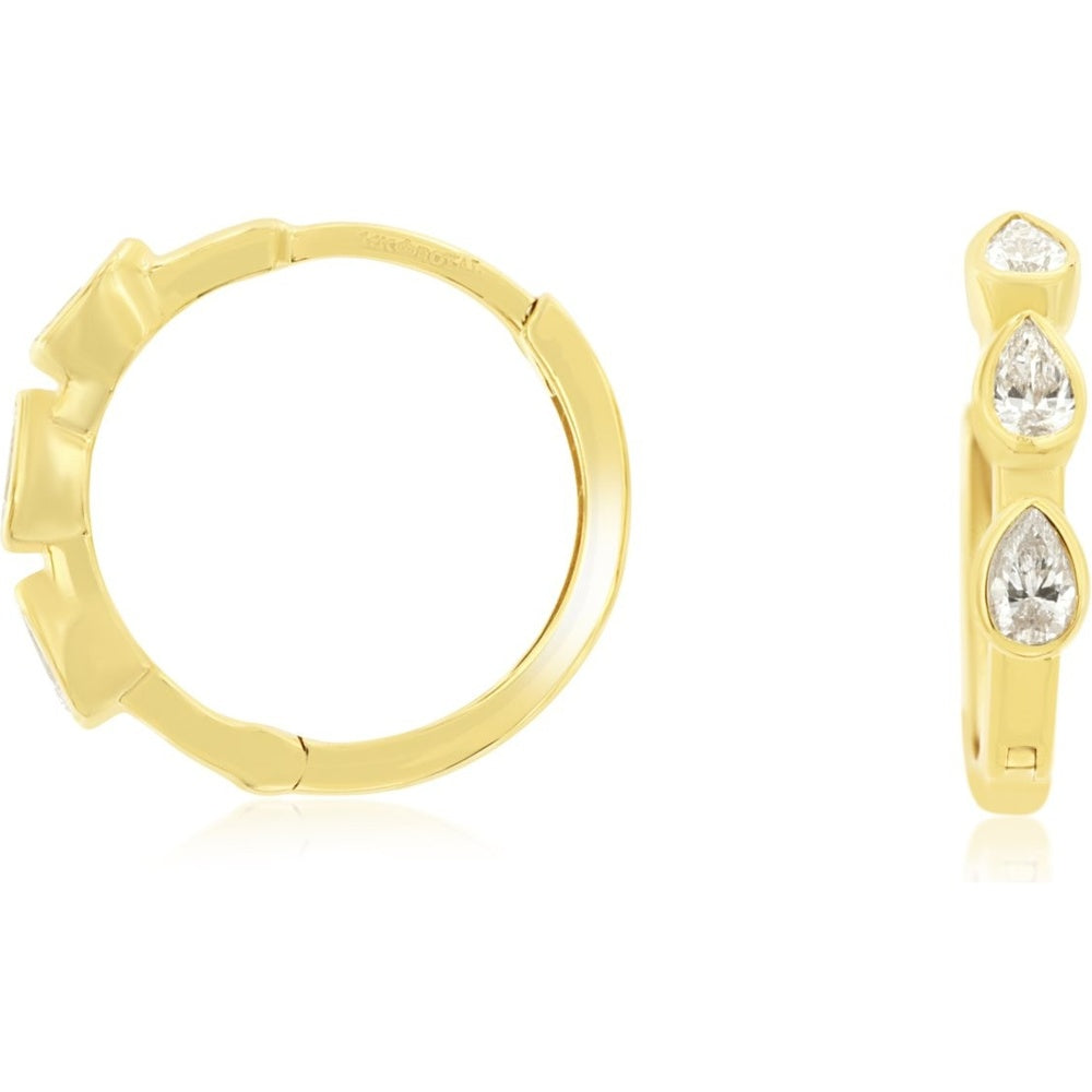 14K Yellow Gold Huggie Earrings with Bezel Set Pear Shaped Diamonds - 0.28 Carat Total Diamond Weight - Royal Jewelry