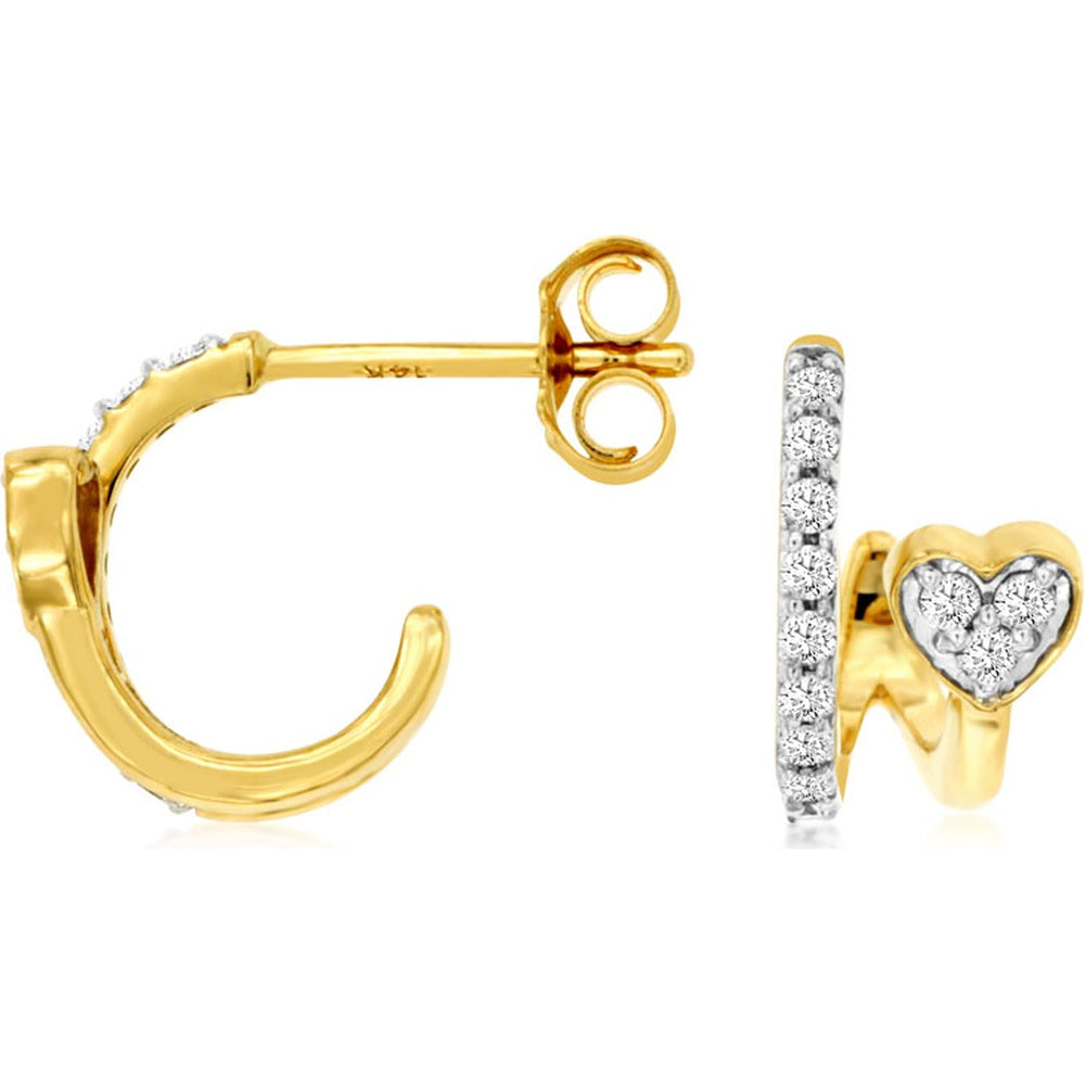 14K Yellow Gold Huggie Earrings with Diamond Hoop and Pavé Heart Charm - 0.24 Carat Total Diamond Weight - Royal Jewelry