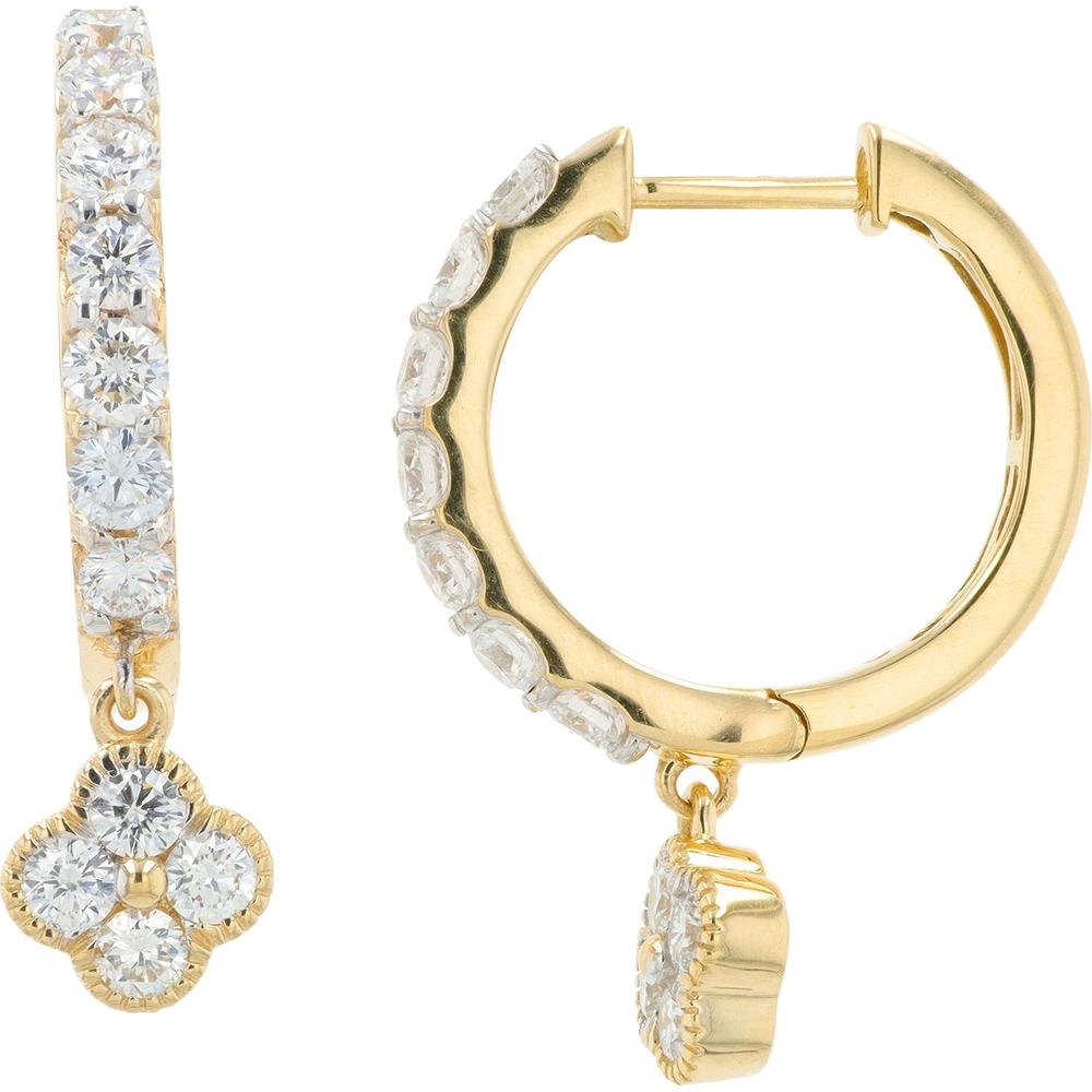 14K Yellow Gold Huggie Earrings with Flower Drop Lab Grown Diamonds - 2.00 Carat Total Diamond Weight