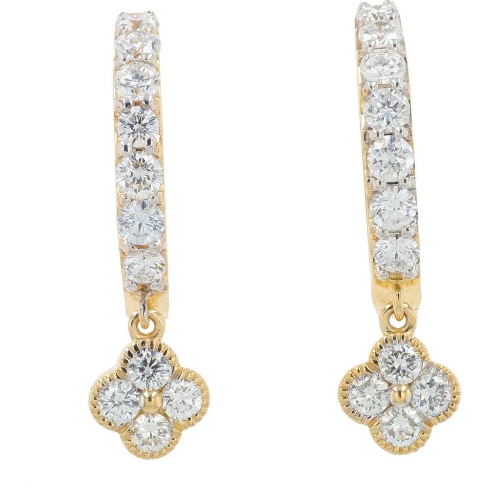 14K Yellow Gold Huggie Earrings with Flower Drop Lab Grown Diamonds - 2.00 Carat Total Diamond Weight
