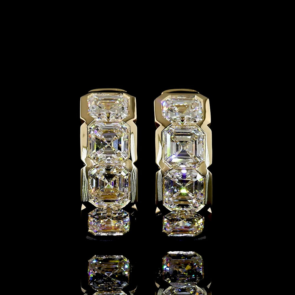 14K Yellow Gold Huggie Earrings with Half-Bezel Set Asscher Cut Lab Diamonds - 3.08 Carats Total Diamond Weight - Covaloro Fine Jewelry