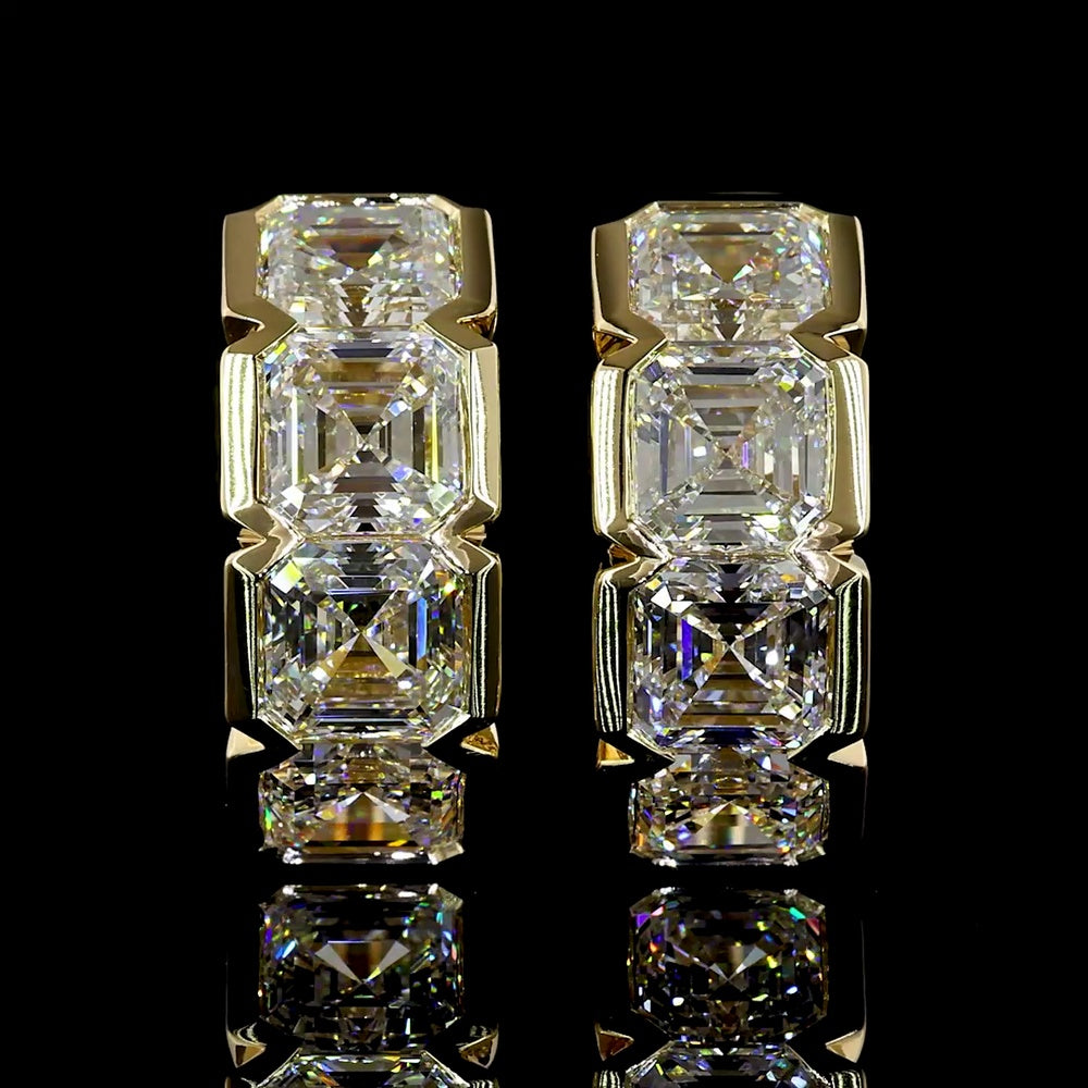 14K Yellow Gold Huggie Earrings with Half Bezel Set Asscher Cut Lab Diamonds - 5.06 Carats Total Diamond Weight - Covaloro Fine Jewelry