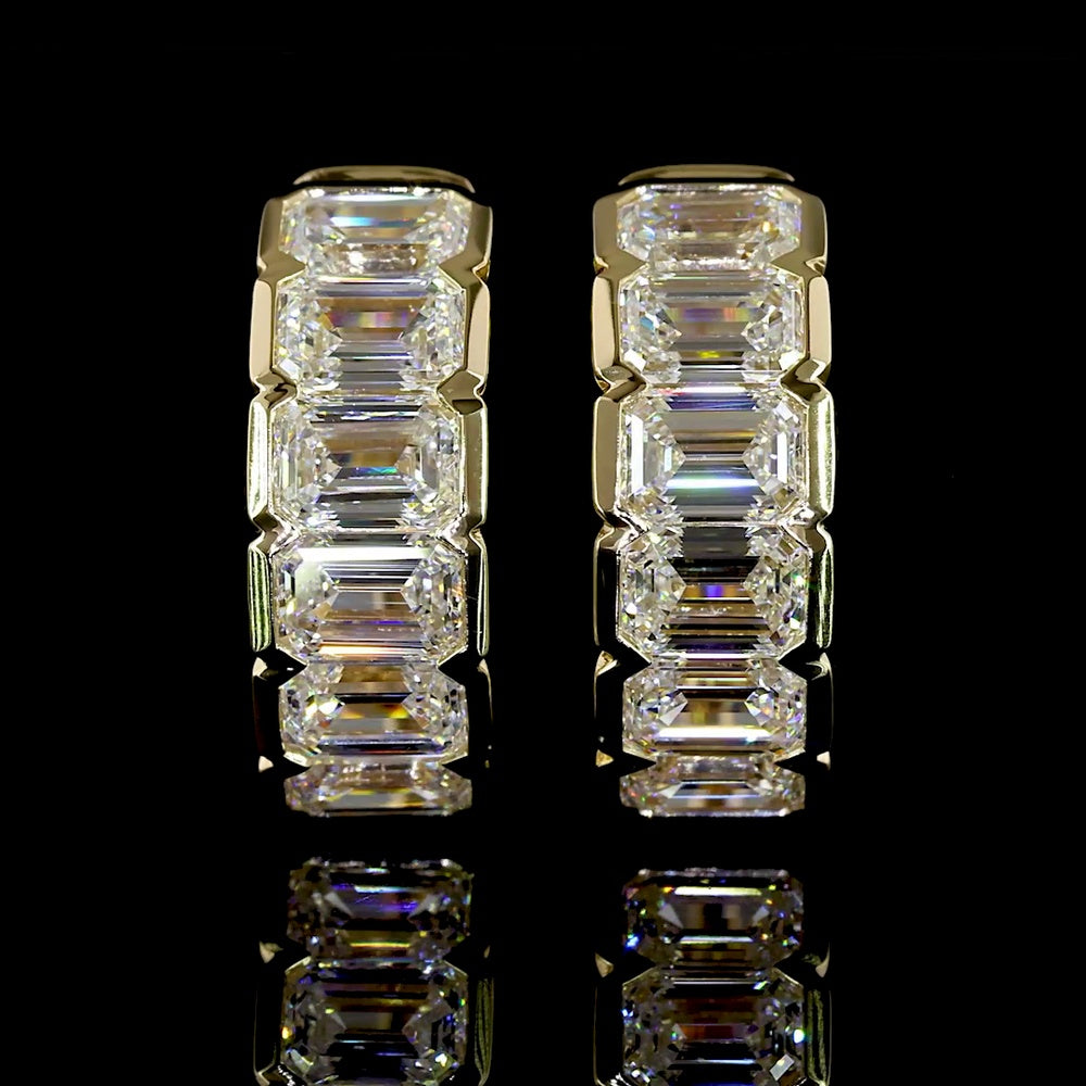 14K Yellow Gold Huggie Earrings with Half Bezel Set Emerald Cut Lab Diamonds - 2.02 Carat Total Weight, E-F Color, VS1 Clarity - Covaloro Fine Jewelry