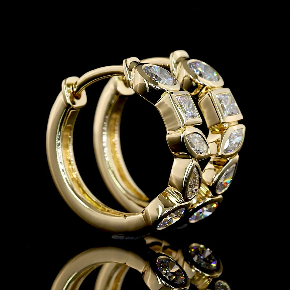 14K Yellow Gold Huggie Earrings with Mixed Princess, Marquise, Pear, and Round Lab Diamonds - 0.88 Carats Total Diamond Weight - Covaloro Fine Jewelry