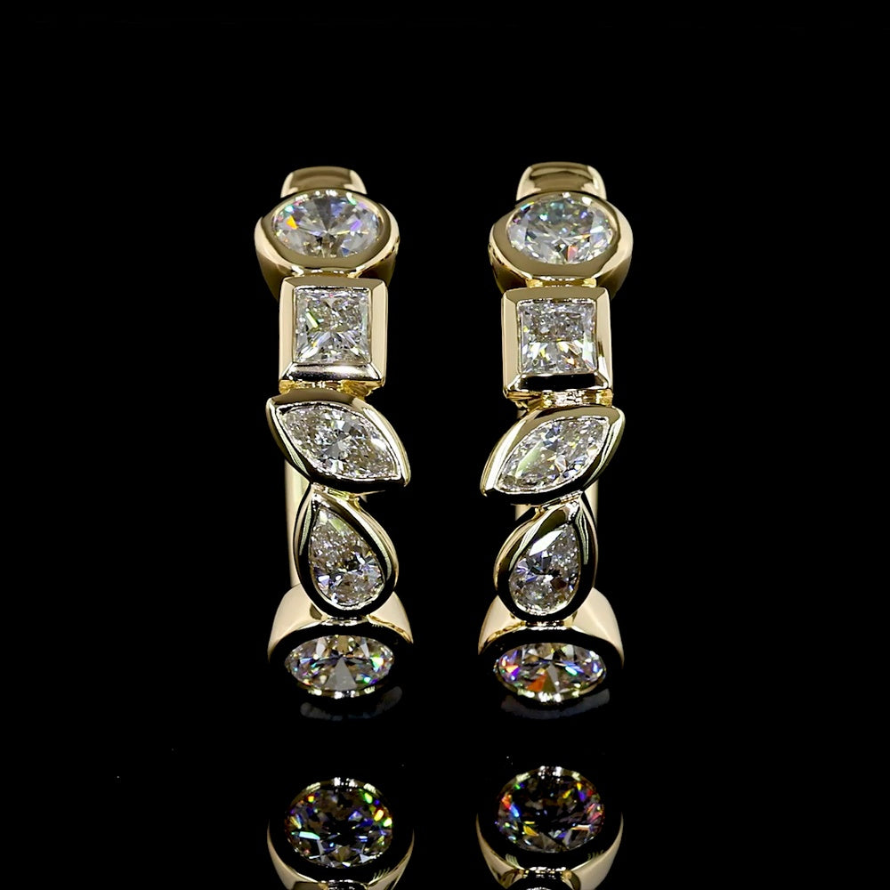 14K Yellow Gold Huggie Earrings with Mixed Princess, Marquise, Pear, and Round Lab Diamonds - 0.88 Carats Total Diamond Weight - Covaloro Fine Jewelry