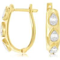 14K Yellow Gold Huggie Earrings with Pear Motif Baguette and Round Diamond Cluster - 0.20 Carat Total Diamond Weight - Royal Jewelry
