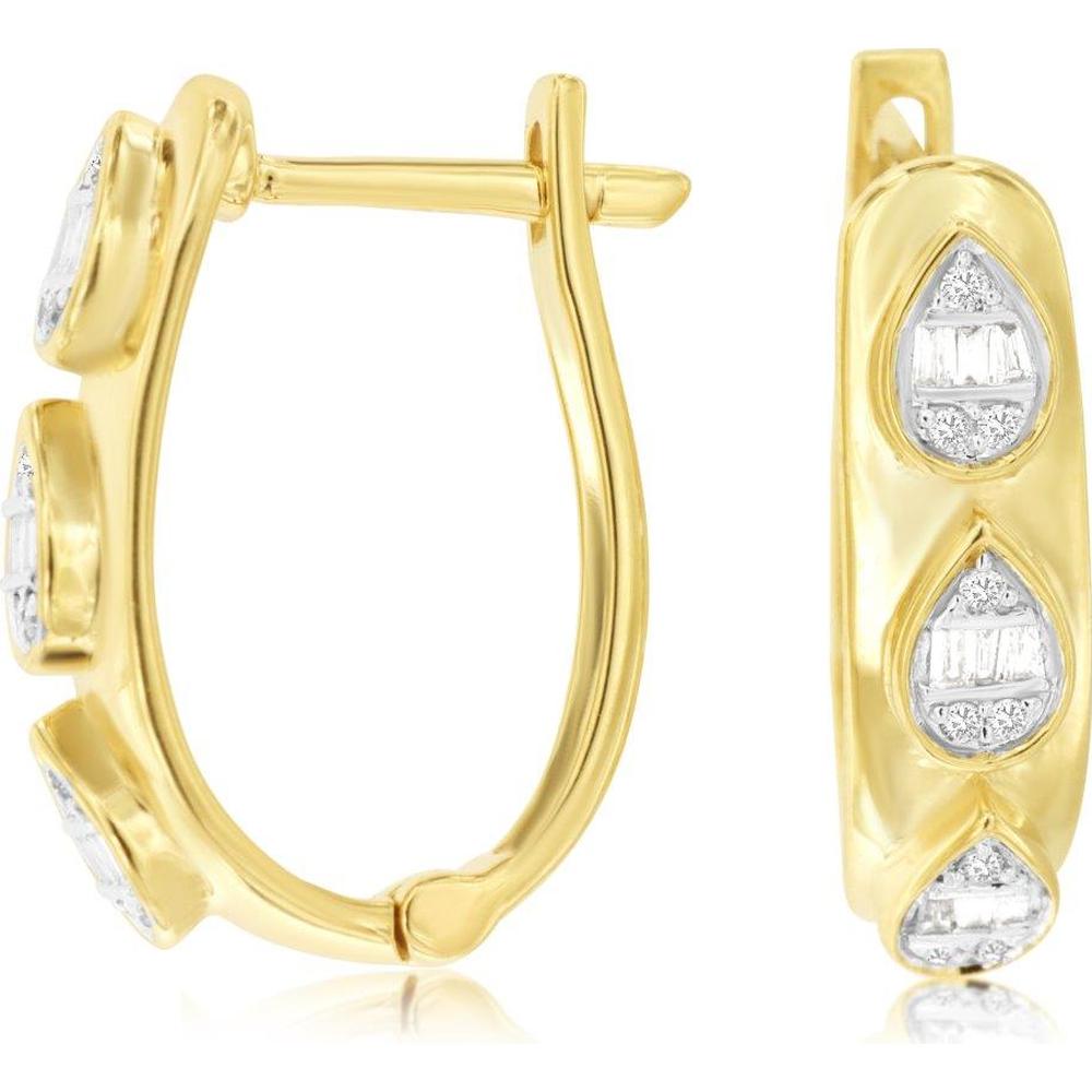14K Yellow Gold Huggie Earrings with Pear Motif Baguette and Round Diamond Cluster - 0.20 Carat Total Diamond Weight - Royal Jewelry