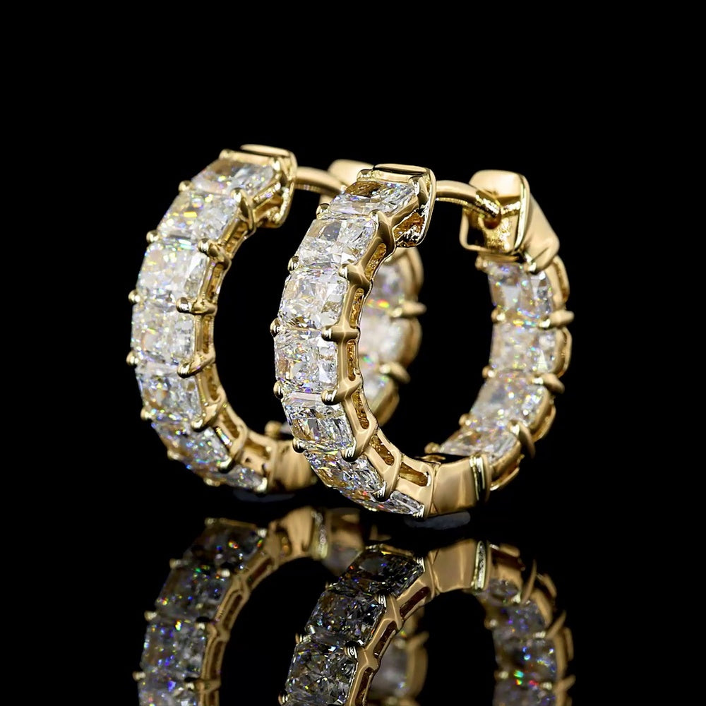 14K Yellow Gold Huggie Earrings with Prong Set Radiant Cut Lab Diamonds - 6.32 Carat Total Diamond Weight - Covaloro Fine Jewelry