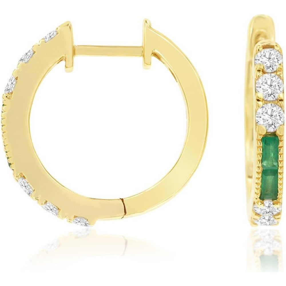 14K Yellow Gold Huggie Earrings with Prong Set Round Diamonds and Emerald Accents - 0.66 Carat Total Diamond Weight and 0.24 Carat Total Emerald Weight - Royal Jewelry