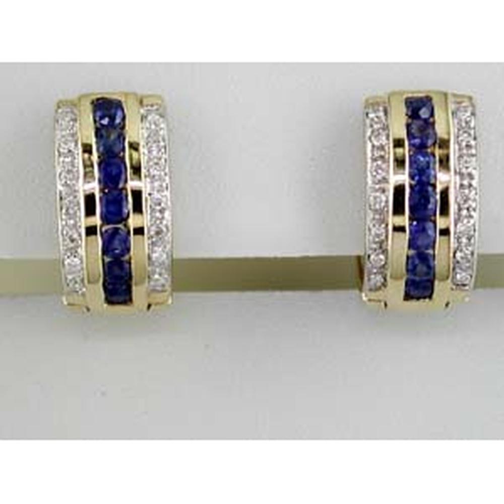 14K Yellow Gold Huggie Earrings with Round Blue Sapphires and Round Diamonds - 0.62 Carat Total Sapphire Weight and 0.14 Carat Total Diamond Weight - Royal Jewelry