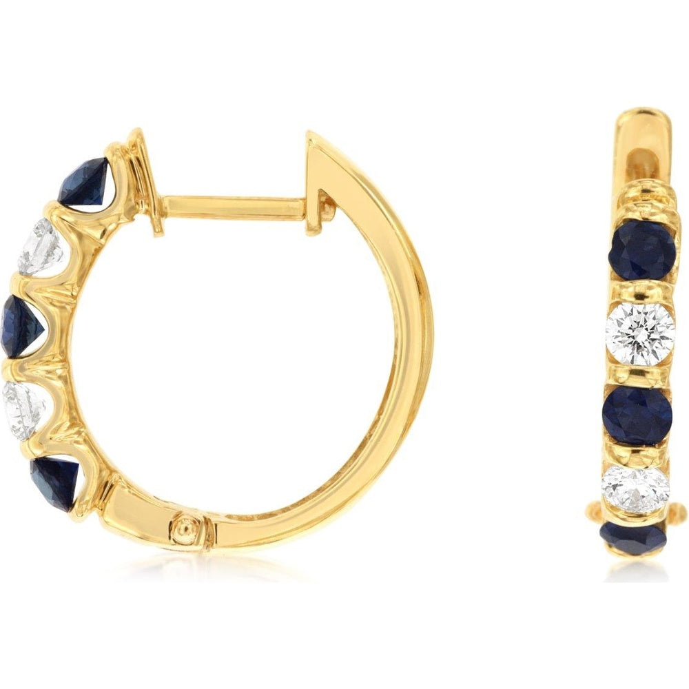 14K Yellow Gold Huggie Earrings with Round Sapphires and Round Diamonds - 0.70 Carat Total Sapphire Weight and 0.40 Carat Total Diamond Weight - Royal Jewelry