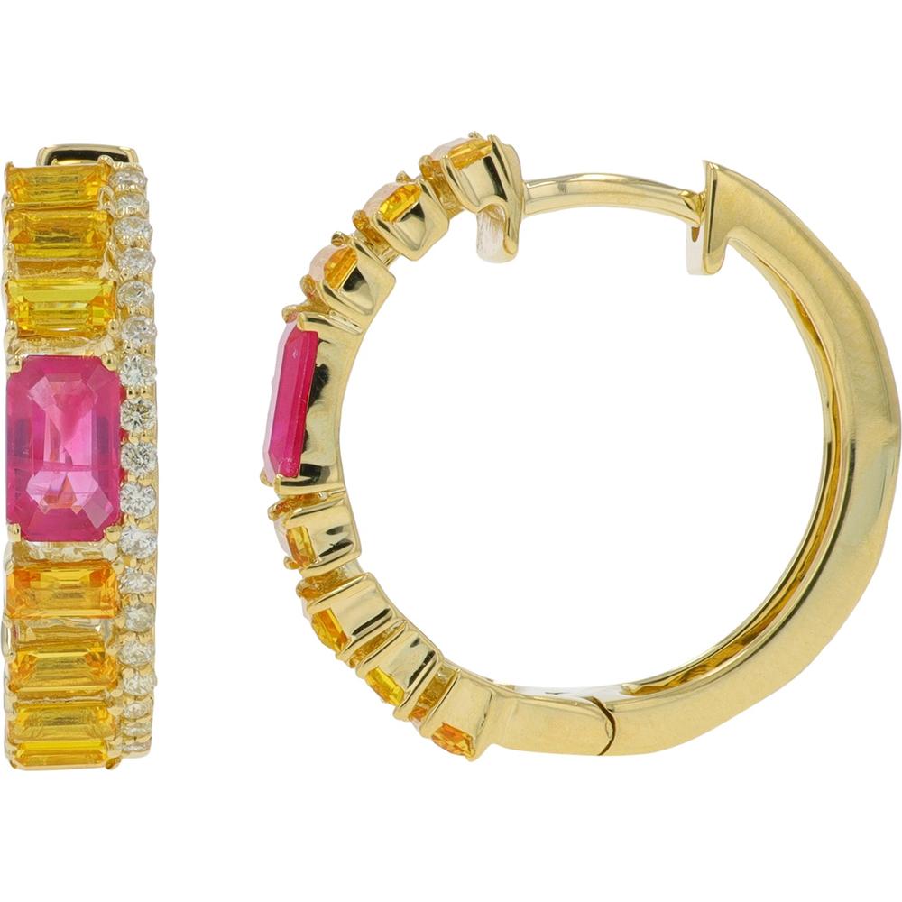 14K Yellow Gold Huggie Earrings with Yellow Sapphires and Ruby Accents - 1.55 - 1.70 Carat Total Gem Weight, 0.20 Carat Diamond Accents