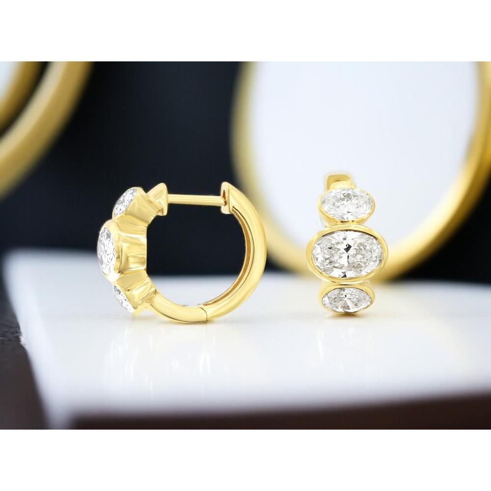 14K Yellow Gold Huggie Hoop Earrings with 2.5 Carat Total Weight Oval Lab Grown Diamonds in Bezel Setting - Royal Jewelry