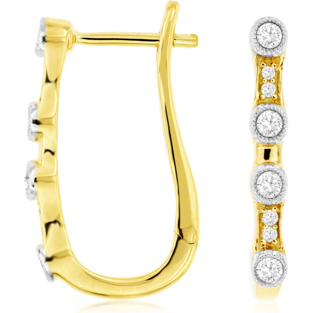 14K Yellow Gold Huggie Hoop Earrings with Alternating Bezel-Set Round Diamonds and Milgrain Detail - 0.25 Carat Total Diamond Weight - Royal Jewelry