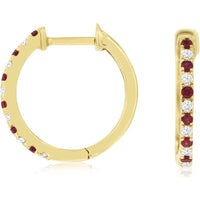 14K Yellow Gold Huggie Hoop Earrings with Alternating Prong-Set Round Diamonds and Rubies - 0.12 Carat Total Diamond Weight and 0.15 Carat Total Ruby Weight - Royal Jewelry